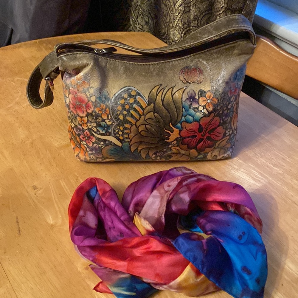 Biacci Handpainted Leather Handbag Crossbody Purse Brown Flowers
